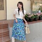 Ruffle Trim Collar Blouse / Floral Midi A-line Skirt