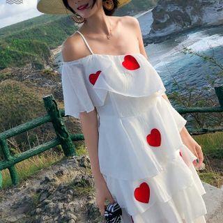 Cold-shoulder Heart Print Layered Maxi A-line Dress