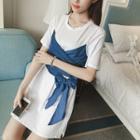 Bow Accent Denim Panel Short Sleeve Dress