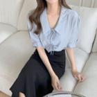 Short-sleeve Collared Tie-front Cropped Blouse