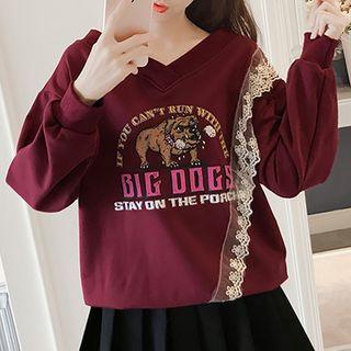 Lace Panel Print Long-sleeve Sweatshirt