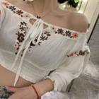 Flower Embroidered Off-shoulder 3/4-sleeve Cropped Top White - One Size