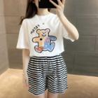 Set: Short-sleeve Bear Print T-shirt + Striped Shorts