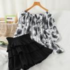 Set: Balloon-sleeve Print Blouse + Layered Mini A-line Skirt Blouse - White - One Size / Skirt - Black - One Size