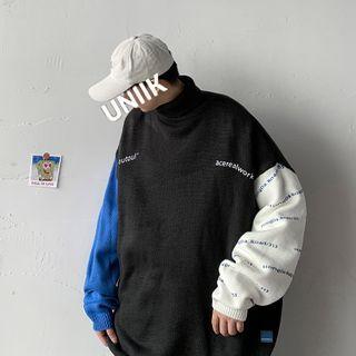 Lettering Color Block Turtleneck Sweater
