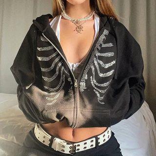 Faux Crystal Skeleton Graphic Zip-up Hoodie