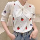 Strawberry Embroidered Puff-sleeve Knit Top