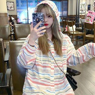 Hooded Buttoned Striped T-shirt As Shown In Figure - One Size