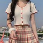 Short-sleeve Ribbed Cropped T-shirt / Plaid A-line Skirt