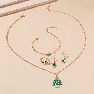 Set: Christmas Tree Glaze Pendant Necklace + Dangle Earring + Bracelet + Ring Set - Green - One Size
