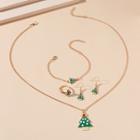 Set: Christmas Tree Glaze Pendant Necklace + Dangle Earring + Bracelet + Ring Set - Green - One Size