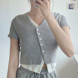 Mock Two-piece Short-sleeve V-neck Asymmetrical Top