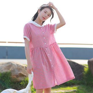 Short-sleeve Check Hooded Dress