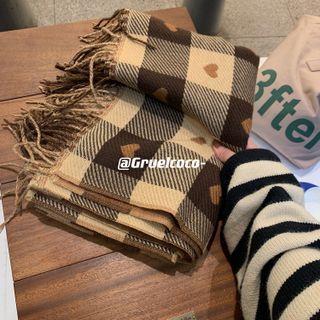 Heart Plaid Fringed Scarf Coffee & Khaki - One Size