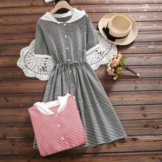 Gingham Short-sleeve Hooded A-line Dress