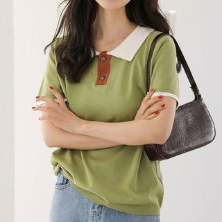 Color Block Short-sleeve Knit Polo Shirt