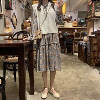 Lace-up Floral Print A-line Dress / V-neck Knit Vest / Set