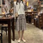 Lace-up Floral Print A-line Dress / V-neck Knit Vest / Set
