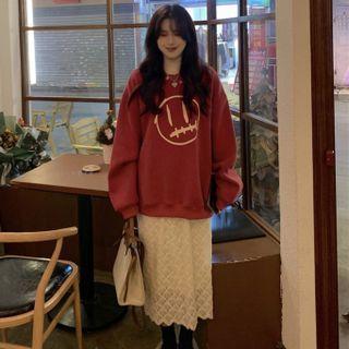 Smiley Face Print Sweatshirt / Lace Midi A-line Skirt
