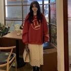 Smiley Face Print Sweatshirt / Lace Midi A-line Skirt