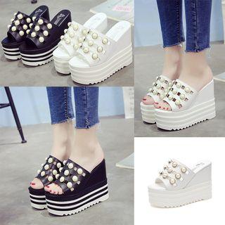 Platform Wedge Beaded Slide Sandals