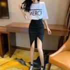 Elbow-sleeve Lettering T-shirt / Sheath Skirt