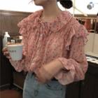 Floral Print Ruffled Chiffon Blouse Shirt - Pink - One Size