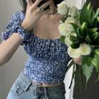 Short-sleeve Floral Slit Midi A-line Dress / Crop Top