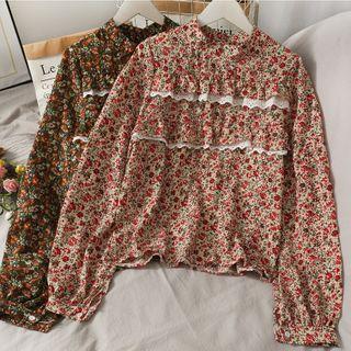 Lace-trim Stand-collar Floral Top