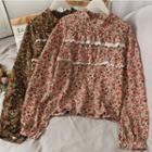 Lace-trim Stand-collar Floral Top