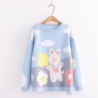 Rabbit Print Sweater Rabbit & Cloud - Light Blue - One Size