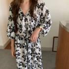 Long-sleeve Floral Midi A-line Dress Black & White - One Size