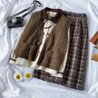 Contrast Trim Shirt / Knit Vest / Plaid A-line Skirt