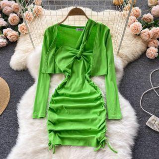 Set Of 2 : Diagonal Shoulder Drawstring Spaghetti-strap Dress + Long-sleeve Cropped Cardigan