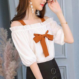Off-shoulder Short-sleeve Chiffon Blouse