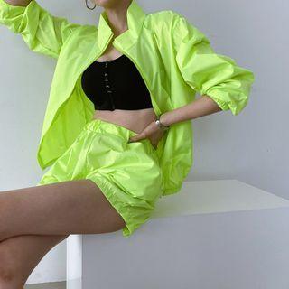 Set: High-neck Zip-up Jacket + Sweat Shorts