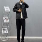 Slim-fit Denim Jacket / Short-sleeve Lettering T-shirt / Plain Slim-fit Pants