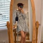 Balloon-sleeve Ruffle-trim Leopard Wrap Dress Ivory - One Size