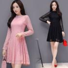 Gathered-waist Long-sleeved Stand Collar A-line Sheath Cutout Plain Slim Lace Dress