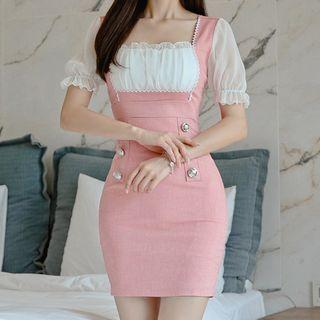 Mock Two-piece Balloon-sleeve Double-breasted Sheath Dress