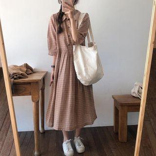 Plaid 3-4-sleeve A-line Midi Shirtdress