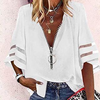 3/4-sleeve Zip-up Chiffon Top