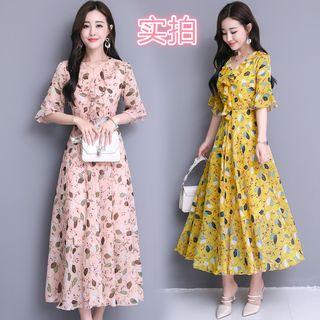 Printed Elbow Sleeve Maxi A-line Dress