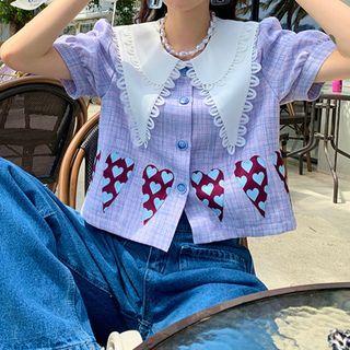 Short-sleeve Wide Collar Heart Print Blouse