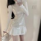 Set: Long-sleeve Knit Top + Spaghetti Strap Mini A-line Dress