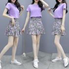 Set: Short-sleeve Plain T-shirt + Floral Print Mini A-line Skirt
