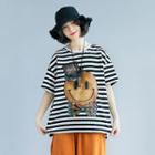Elbow-sleeve Smiley Face Striped Top