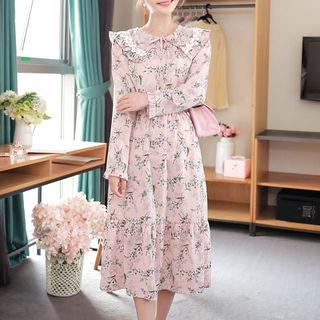 Lace-trim Frilled Floral Midi Dress