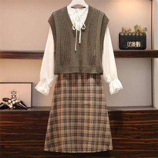 Set: Long-sleeve Blouse + Knit Vest + Plaid Midi A-line Skirt