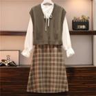 Set: Long-sleeve Blouse + Knit Vest + Plaid Midi A-line Skirt